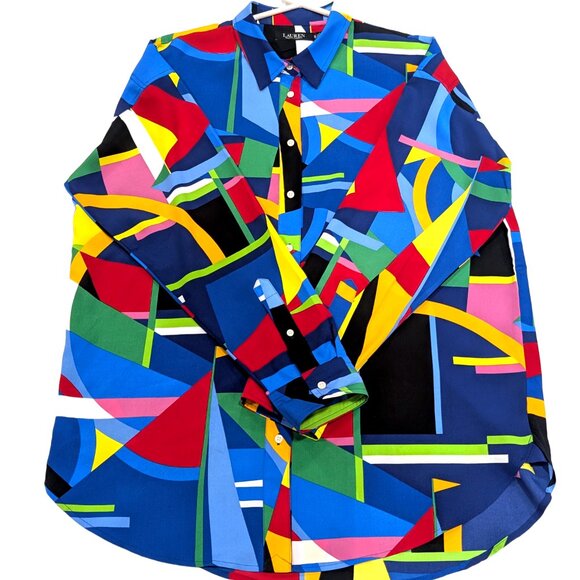 Ralph Lauren Black Label Tops - Ralph Lauren Women's Crepe Geometric Nautical Vibrant Long Sleeve Blouse XL
